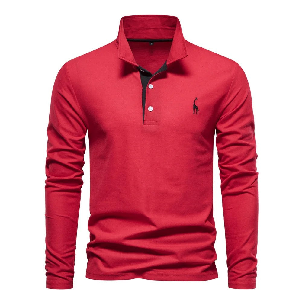 Herren-Langarm-Poloshirt mit Knopfleiste und farblich abgesetzter Blende in Rot