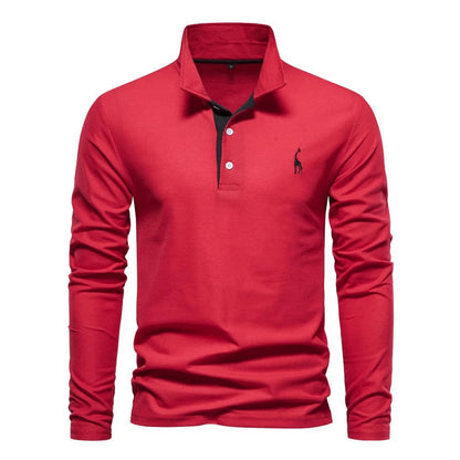 Herren-Langarm-Poloshirt mit Knopfleiste und farblich abgesetzter Blende in Rot
