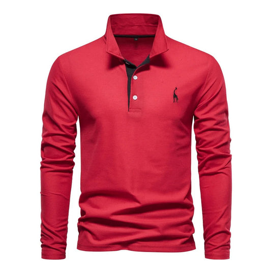 Herren-Langarm-Poloshirt mit Knopfleiste und farblich abgesetzter Blende in Rot