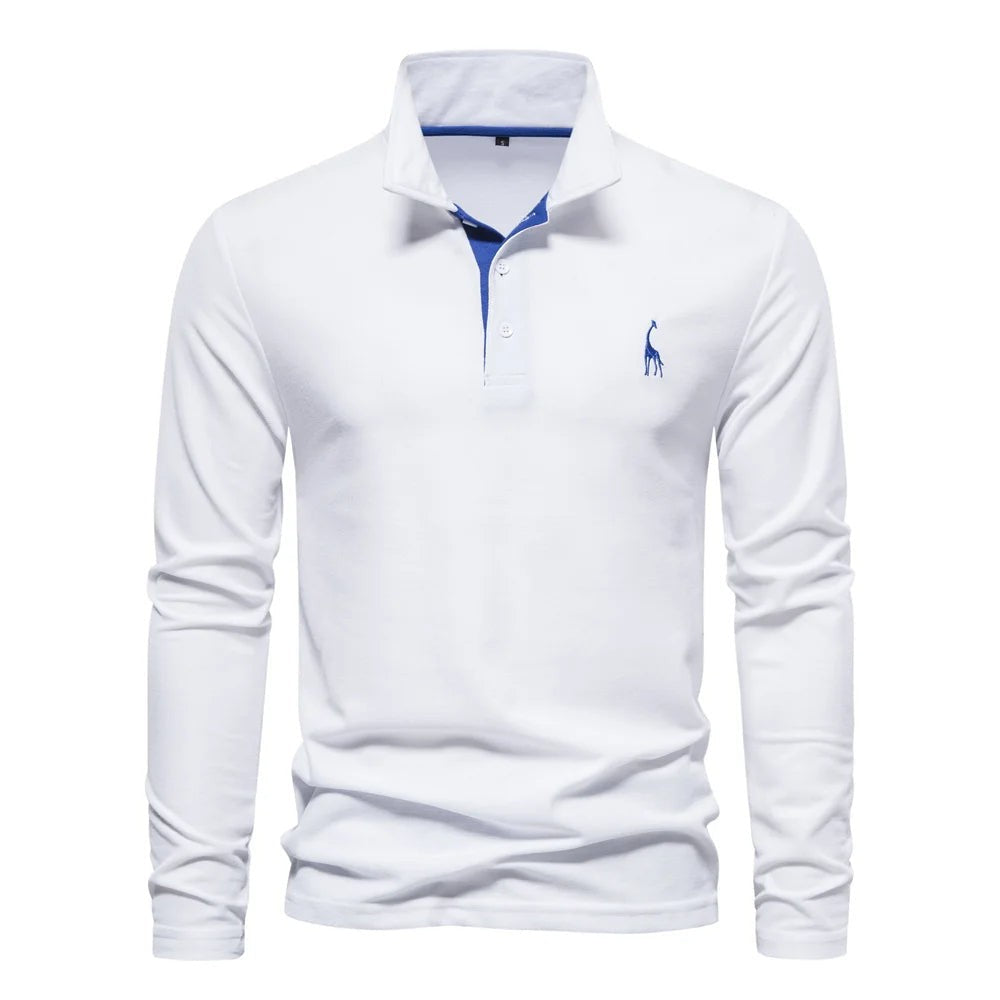 Herren-Langarm-Poloshirt mit Knopfleiste und farblich abgesetzter Blende in Weiß