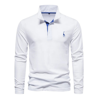 Herren-Langarm-Poloshirt mit Knopfleiste und farblich abgesetzter Blende in Weiß