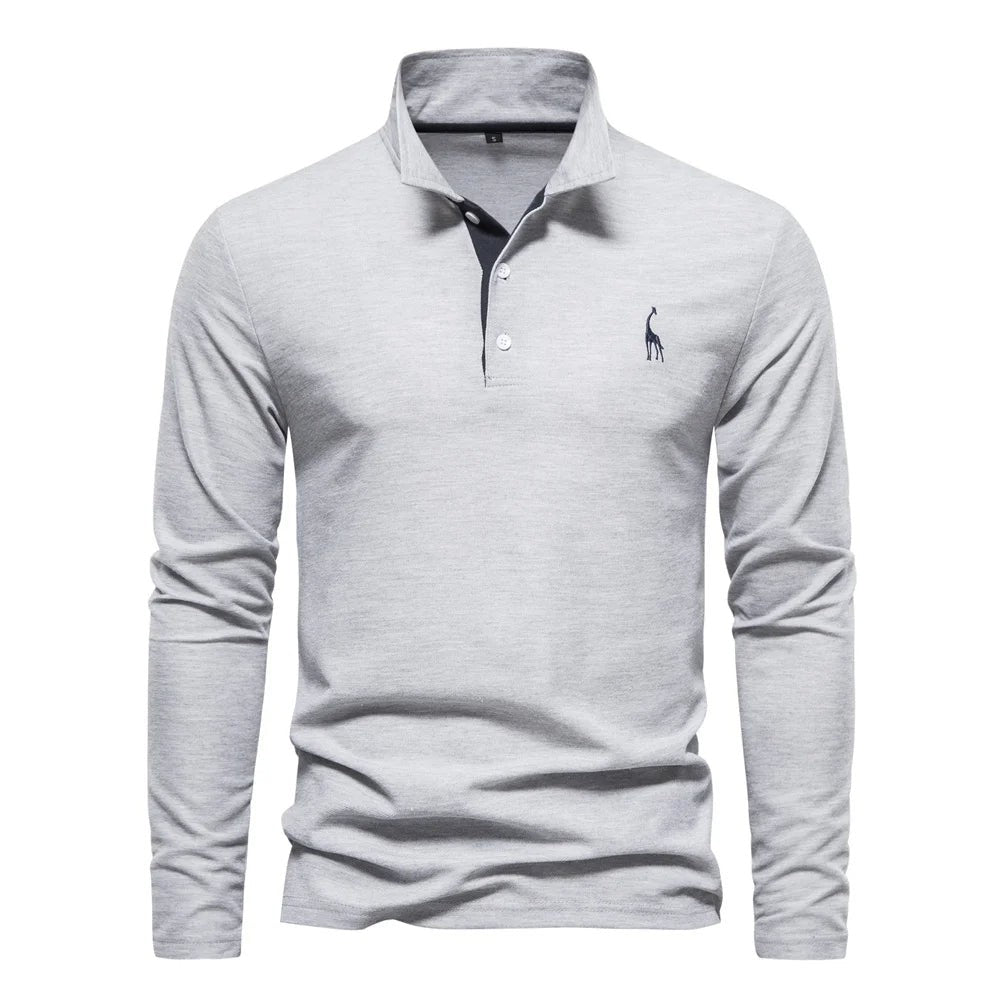 Herren-Langarm-Poloshirt mit Knopfleiste und farblich abgesetzter Blende in Grau