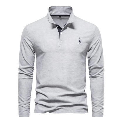 Herren-Langarm-Poloshirt mit Knopfleiste und farblich abgesetzter Blende in Grau
