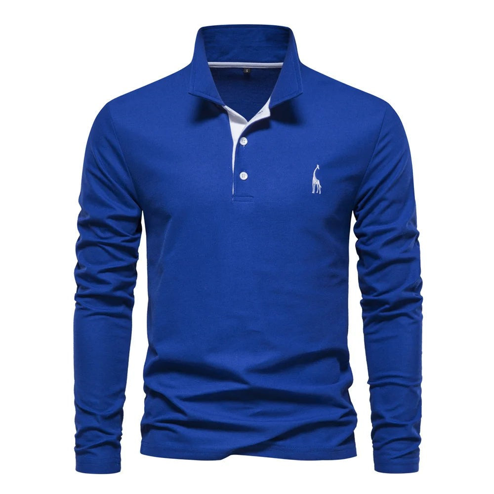 Herren-Langarm-Poloshirt mit Knopfleiste und farblich abgesetzter Blende in Blau