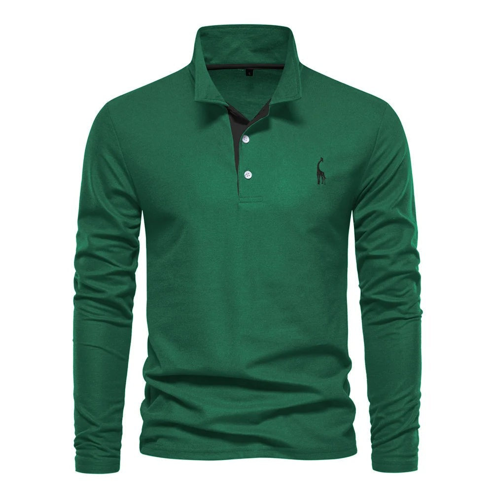 Herren-Langarm-Poloshirt mit Knopfleiste und farblich abgesetzter Blende in Grün