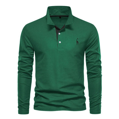 Herren-Langarm-Poloshirt mit Knopfleiste und farblich abgesetzter Blende in Grün