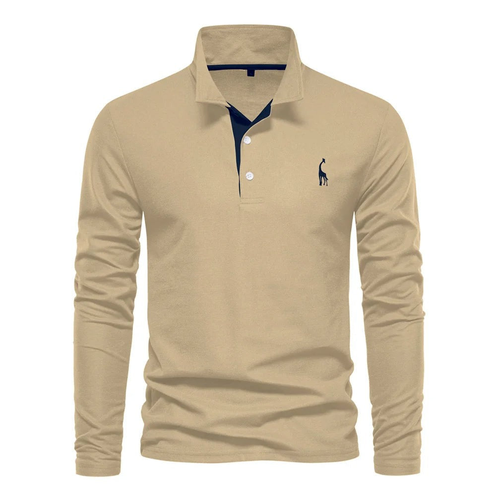 Herren-Langarm-Poloshirt mit Knopfleiste und farblich abgesetzter Blende in Khaki