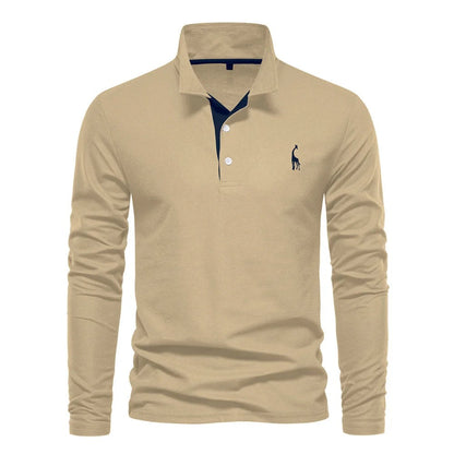 Herren-Langarm-Poloshirt mit Knopfleiste und farblich abgesetzter Blende in Khaki
