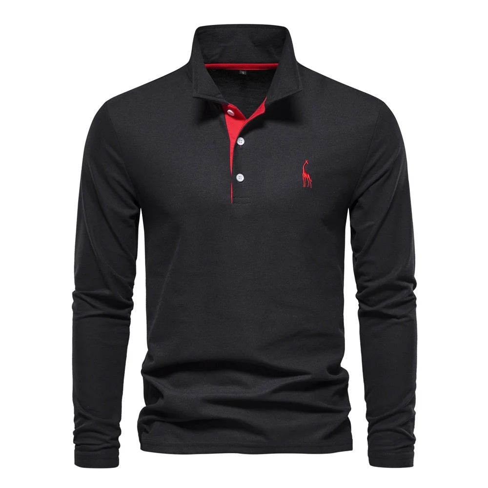 Herren-Langarm-Poloshirt mit Knopfleiste und farblich abgesetzter Blende in Schwarz-Rot