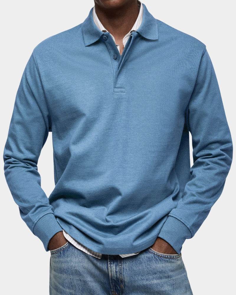 Herren-Langarm-Poloshirt mit Polokragen, Knopfleiste und gerippten Bündchen aus Stretchstoff in Hellblau