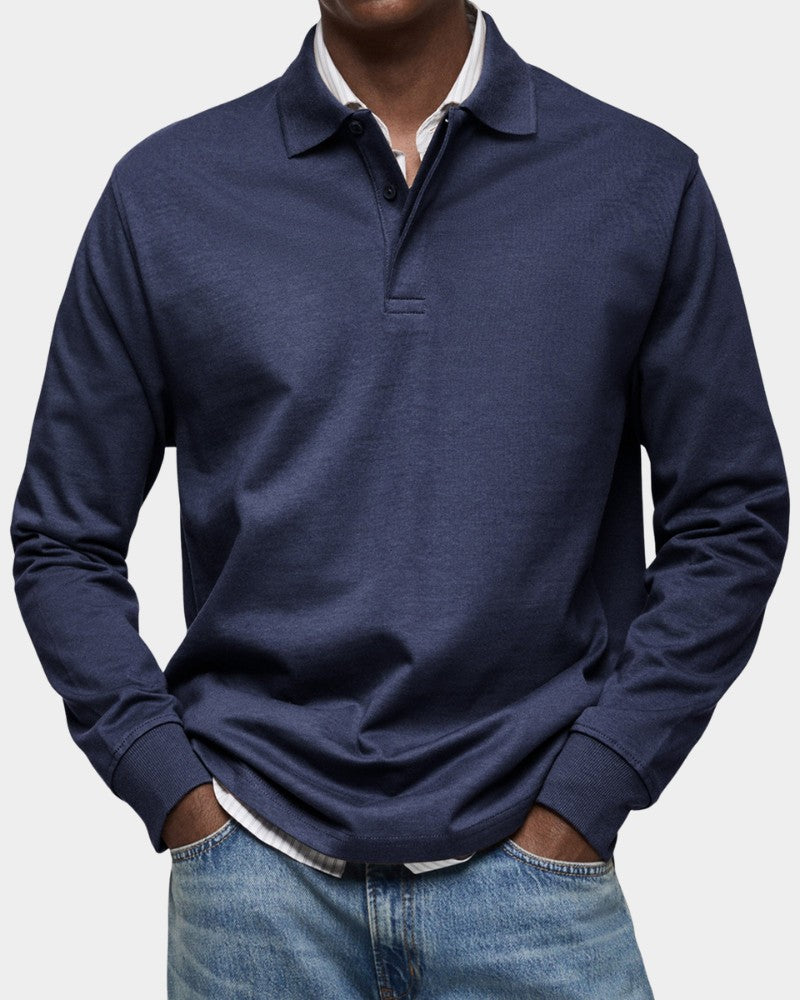Herren-Langarm-Poloshirt mit Polokragen, Knopfleiste und gerippten Bündchen aus Stretchstoff in Marineblau