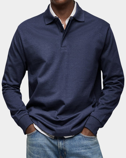 Herren-Langarm-Poloshirt mit Polokragen, Knopfleiste und gerippten Bündchen aus Stretchstoff in Marineblau