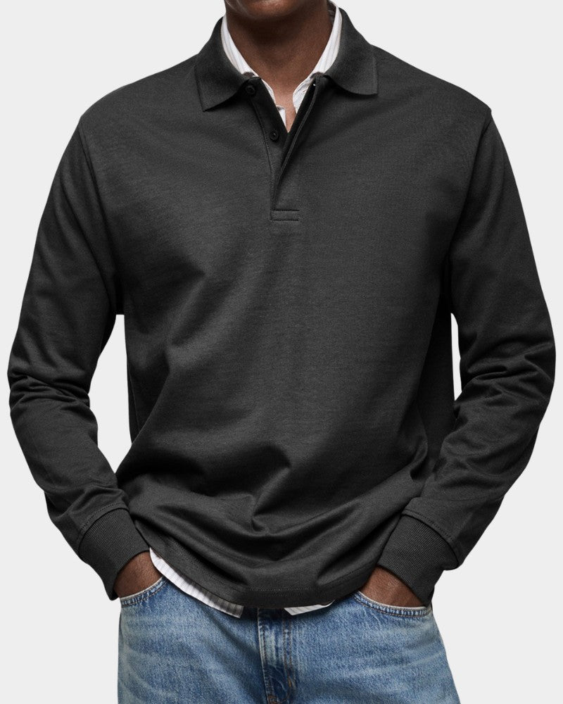Herren-Langarm-Poloshirt mit Polokragen, Knopfleiste und gerippten Bündchen aus Stretchstoff in Schwarz