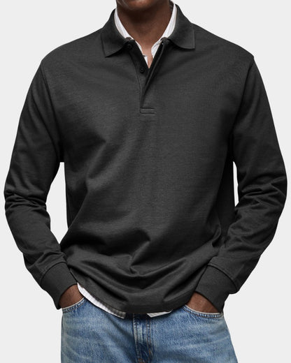 Herren-Langarm-Poloshirt mit Polokragen, Knopfleiste und gerippten Bündchen aus Stretchstoff in Schwarz