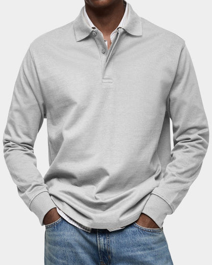 Herren-Langarm-Poloshirt mit Polokragen, Knopfleiste und gerippten Bündchen aus Stretchstoff in Weiß