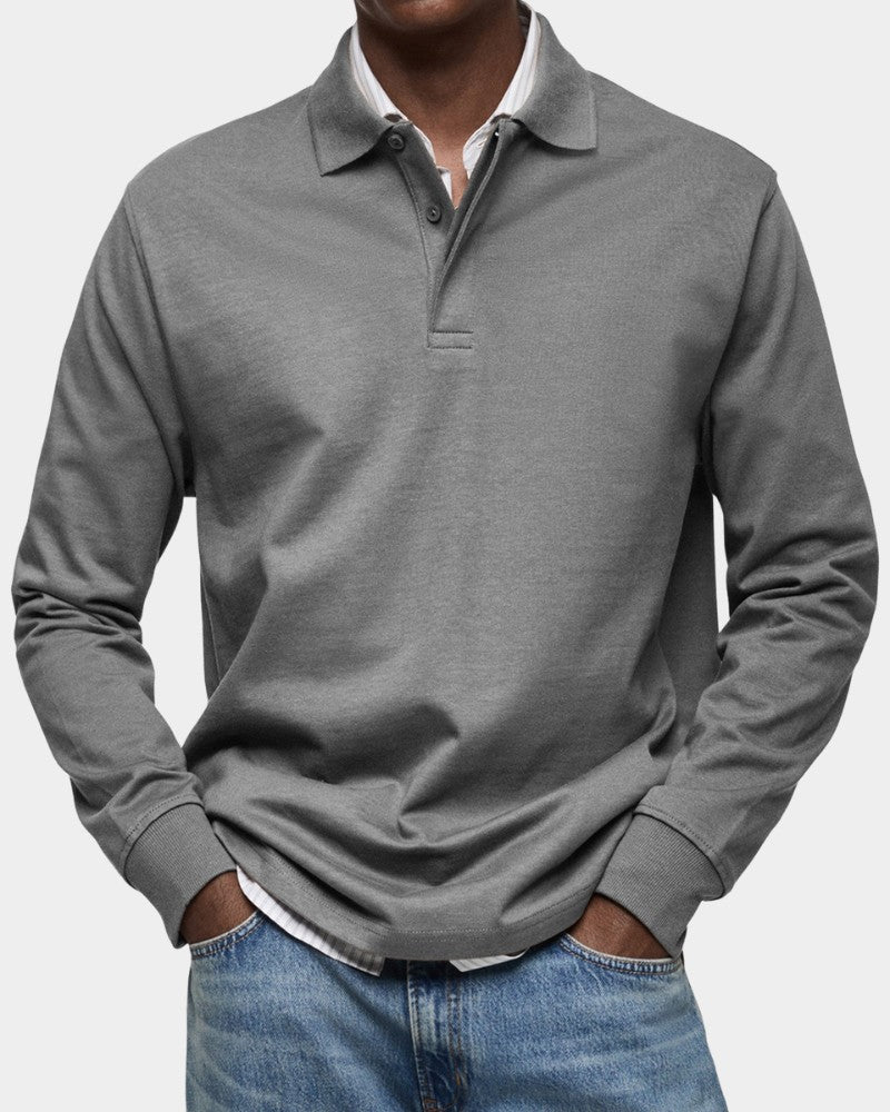 Herren-Langarm-Poloshirt mit Polokragen, Knopfleiste und gerippten Bündchen aus Stretchstoff in Grau