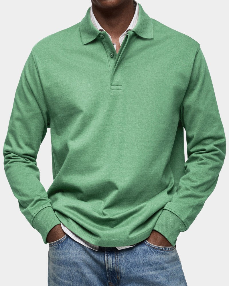 Herren-Langarm-Poloshirt mit Polokragen, Knopfleiste und gerippten Bündchen aus Stretchstoff in Grün