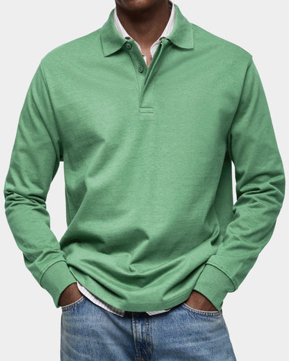 Herren-Langarm-Poloshirt mit Polokragen, Knopfleiste und gerippten Bündchen aus Stretchstoff in Grün