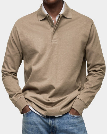 Herren-Langarm-Poloshirt mit Polokragen, Knopfleiste und gerippten Bündchen aus Stretchstoff in Khaki