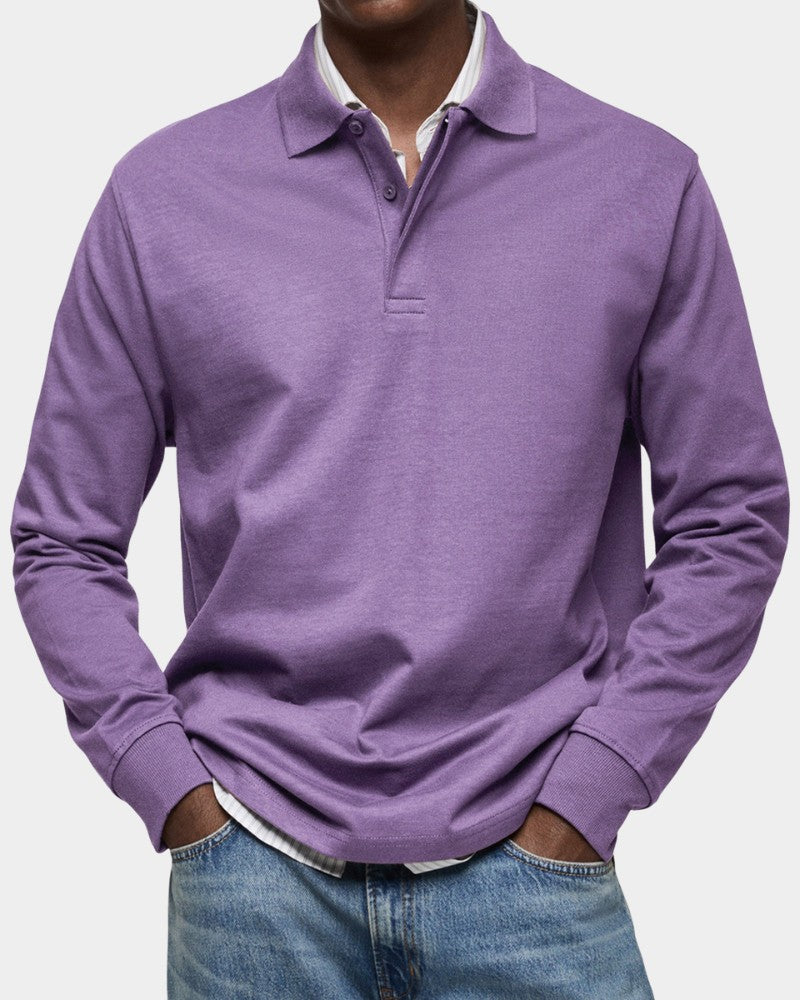 Herren-Langarm-Poloshirt mit Polokragen, Knopfleiste und gerippten Bündchen aus Stretchstoff in Violett