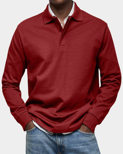 Herren-Langarm-Poloshirt mit Polokragen, Knopfleiste und gerippten Bündchen aus Stretchstoff in Rot