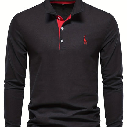Herren-Langarm-Poloshirt mit Polokragen und Knopfleiste in Kontrastfarbe in Schwarz