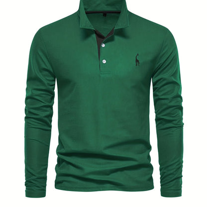 Herren-Langarm-Poloshirt mit Polokragen und Knopfleiste in Kontrastfarbe in Dunkelgrün