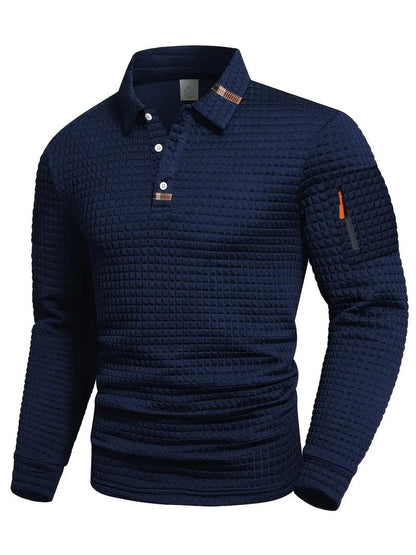 Herren-Langarmpoloshirt mit Waffelstruktur, Knopfleiste und Ärmeltasche mit Reißverschluss in Blau