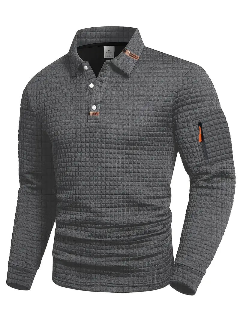 Herren-Langarmpoloshirt mit Waffelstruktur, Knopfleiste und Ärmeltasche mit Reißverschluss in Grau