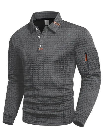 Herren-Langarmpoloshirt mit Waffelstruktur, Knopfleiste und Ärmeltasche mit Reißverschluss in Grau