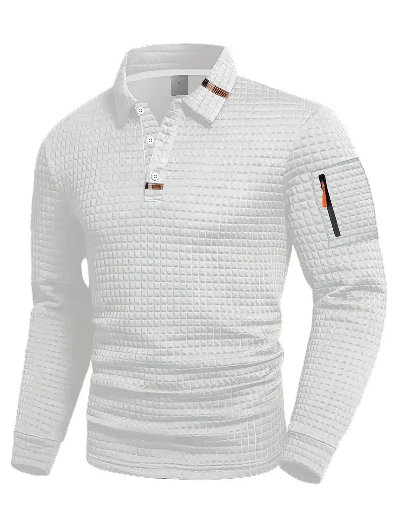 Herren-Langarmpoloshirt mit Waffelstruktur, Knopfleiste und Ärmeltasche mit Reißverschluss in Weiß