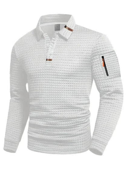 Herren-Langarmpoloshirt mit Waffelstruktur, Knopfleiste und Ärmeltasche mit Reißverschluss in Weiß