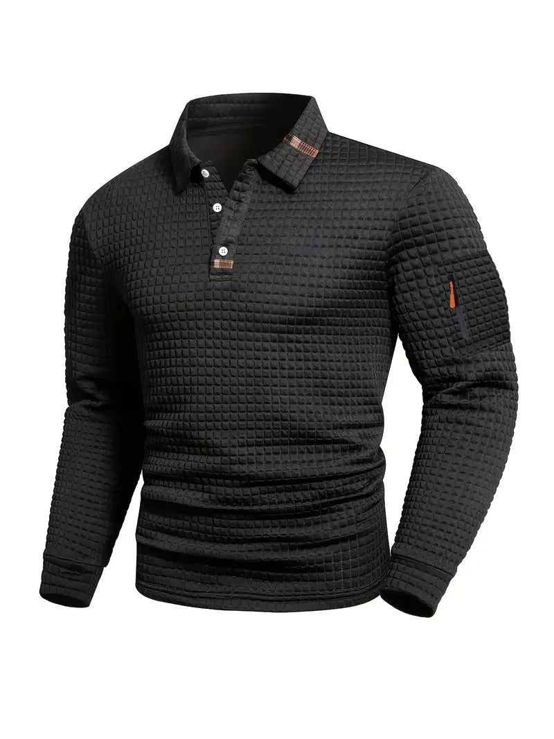 Herren-Langarmpoloshirt mit Waffelstruktur, Knopfleiste und Ärmeltasche mit Reißverschluss in Schwarz