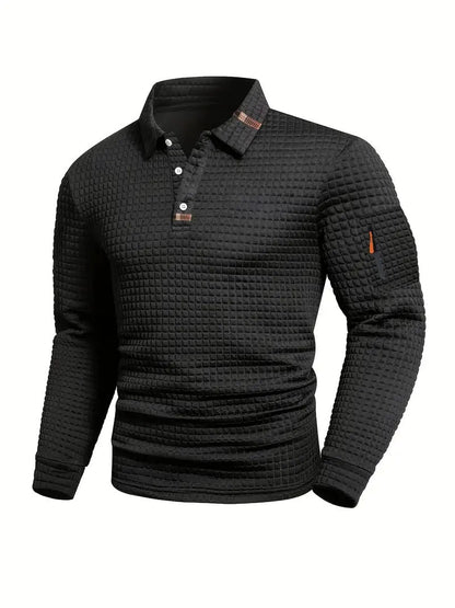 Herren-Langarmpoloshirt mit Waffelstruktur, Knopfleiste und Ärmeltasche mit Reißverschluss in Schwarz