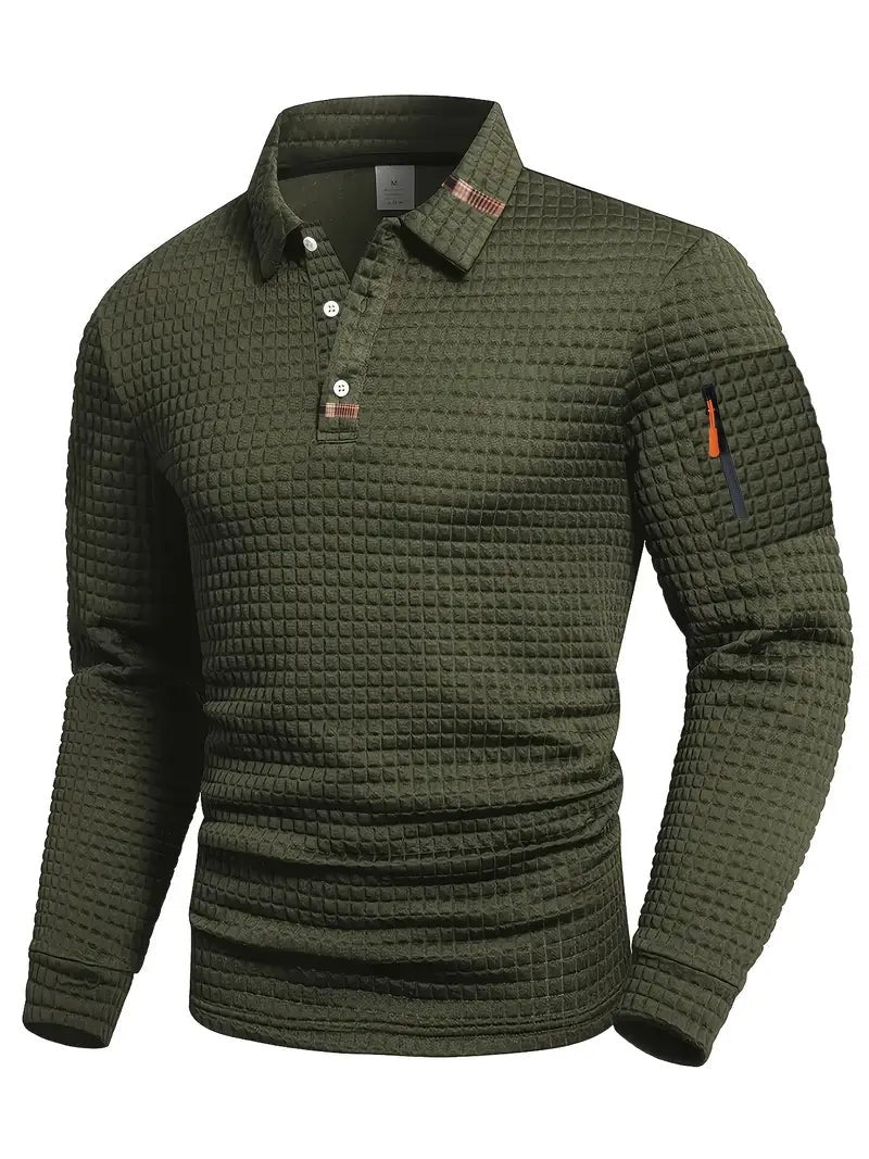 Herren-Langarmpoloshirt mit Waffelstruktur, Knopfleiste und Ärmeltasche mit Reißverschluss in Grün