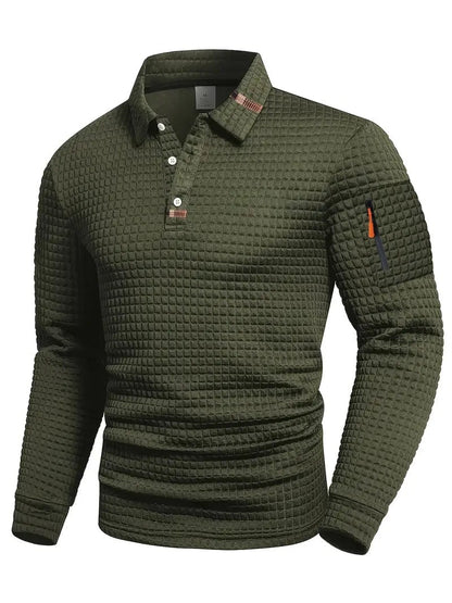 Herren-Langarmpoloshirt mit Waffelstruktur, Knopfleiste und Ärmeltasche mit Reißverschluss in Grün