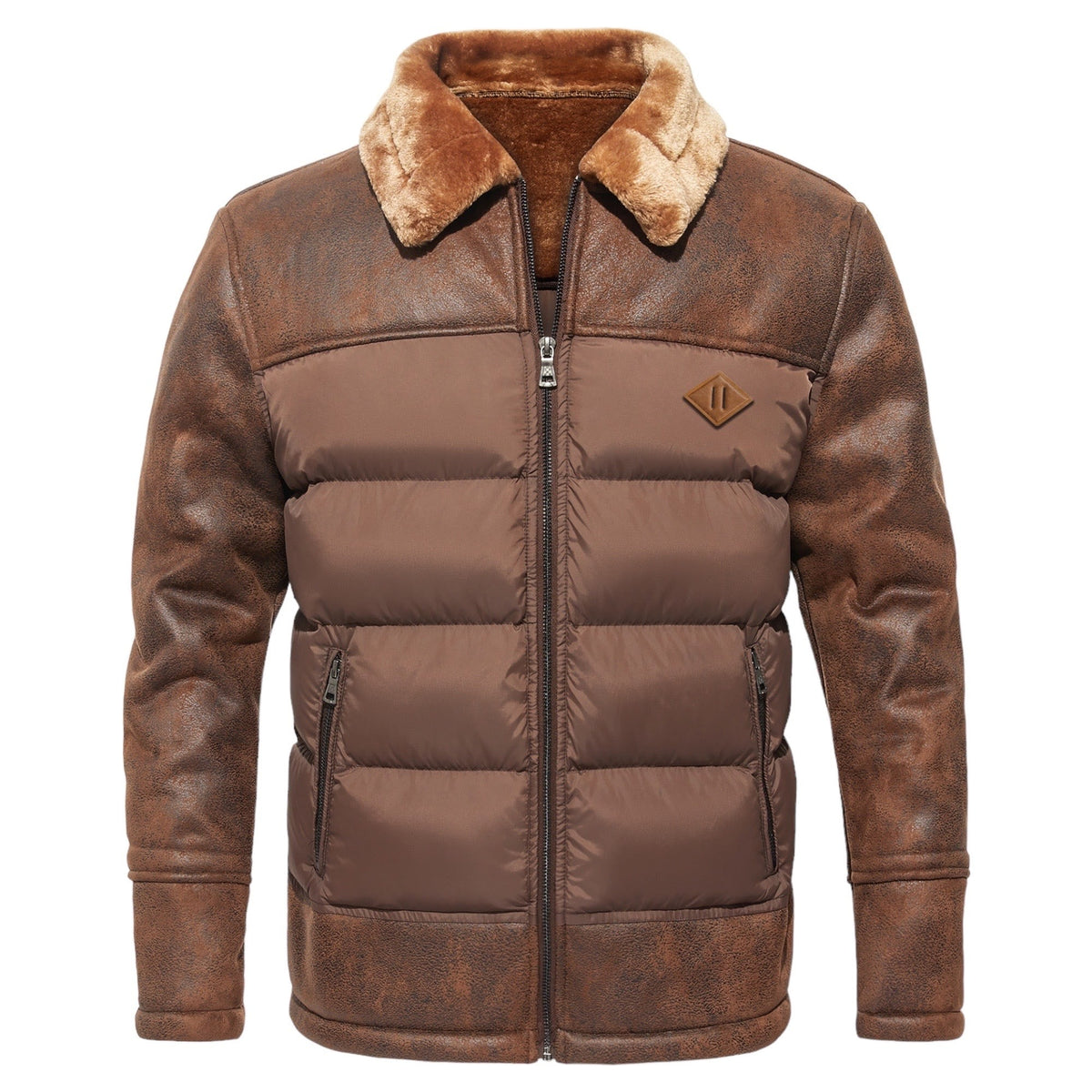 Herren-Lederjacke mit gesteppten Einsätzen, Plüschkragen und Plüschfutter für den Winter, Ansicht 3