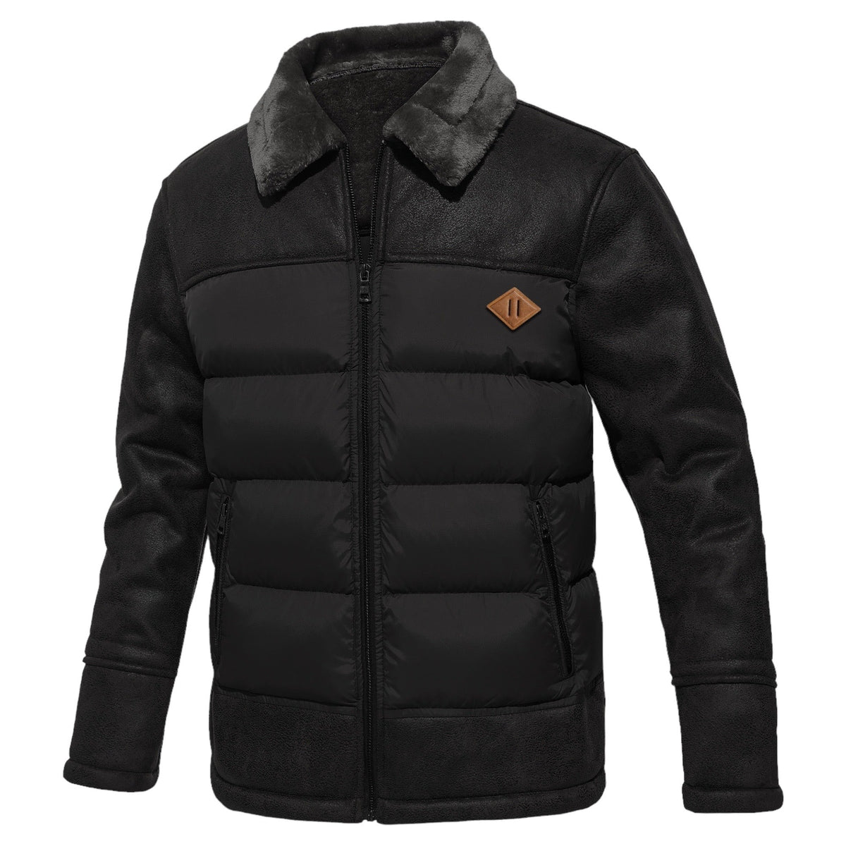 Herren-Lederjacke mit gesteppten Einsätzen, Plüschkragen und Plüschfutter für den Winter in Schwarz