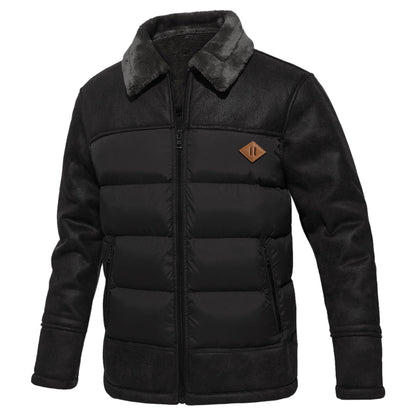 Herren-Lederjacke mit gesteppten Einsätzen, Plüschkragen und Plüschfutter für den Winter in Schwarz