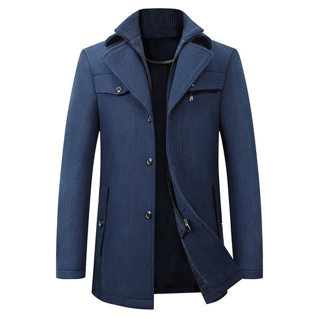 Herren-Mantel mit Doppelkragen, Reißverschluss und Knopfleiste für Büro und Winter in Blau