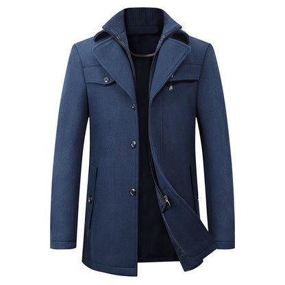 Herren-Mantel mit Doppelkragen, Reißverschluss und Knopfleiste für Büro und Winter in Blau