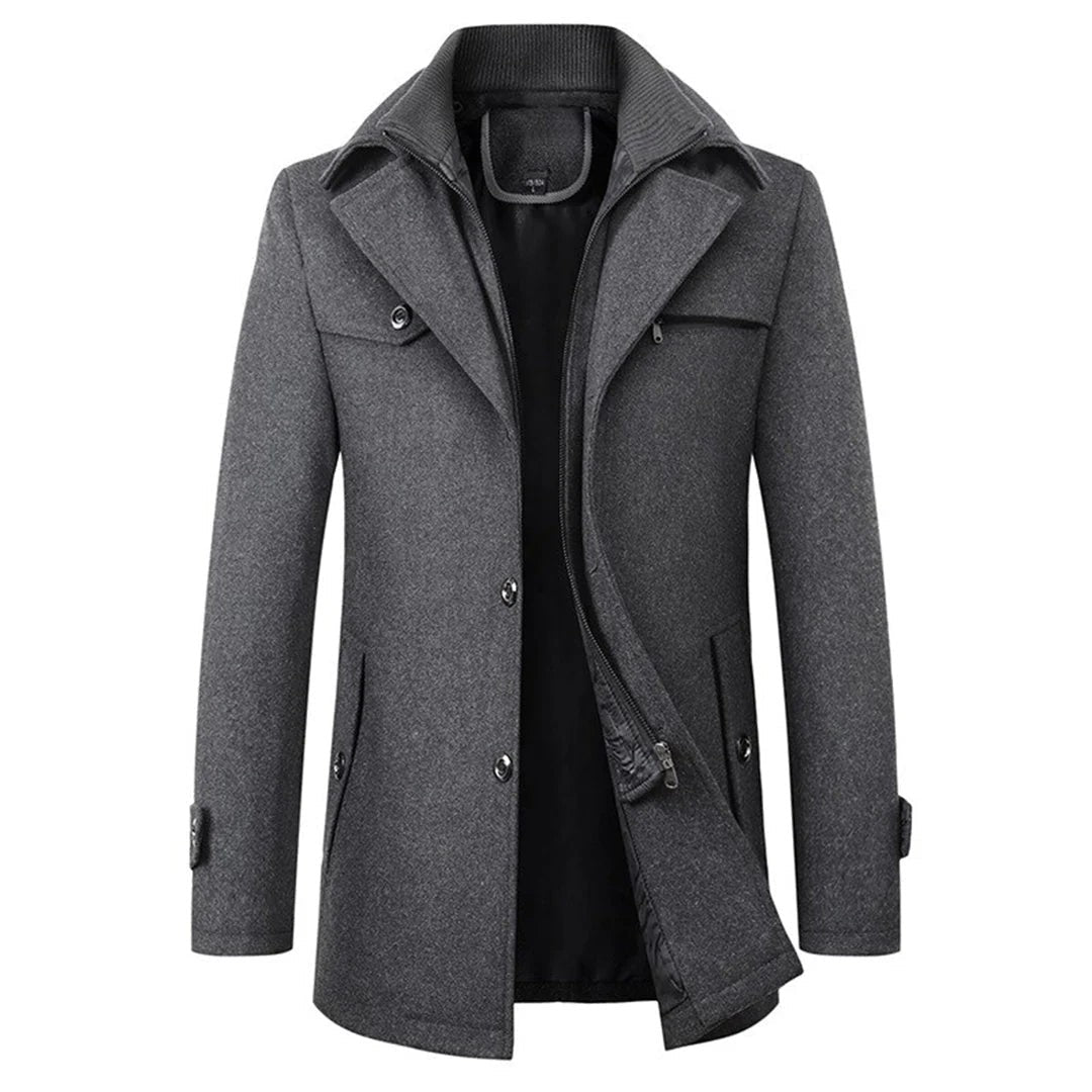 Herren-Mantel mit Doppelkragen, Reißverschluss und Knopfleiste für Büro und Winter in Grau