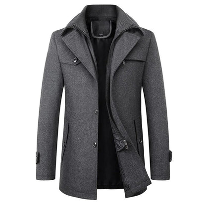 Herren-Mantel mit Doppelkragen, Reißverschluss und Knopfleiste für Büro und Winter in Grau