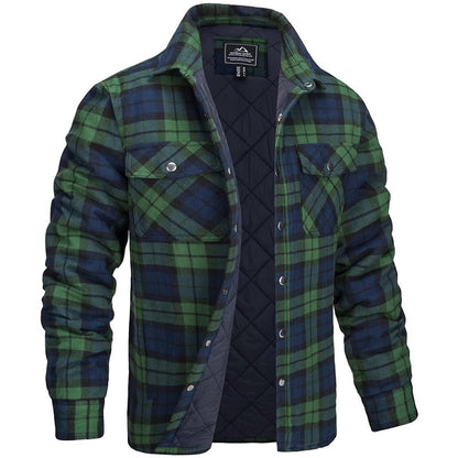 Herren-Overshirt aus Flanell mit Karomuster, Brusttaschen und Druckknöpfen in Dunkelgrün