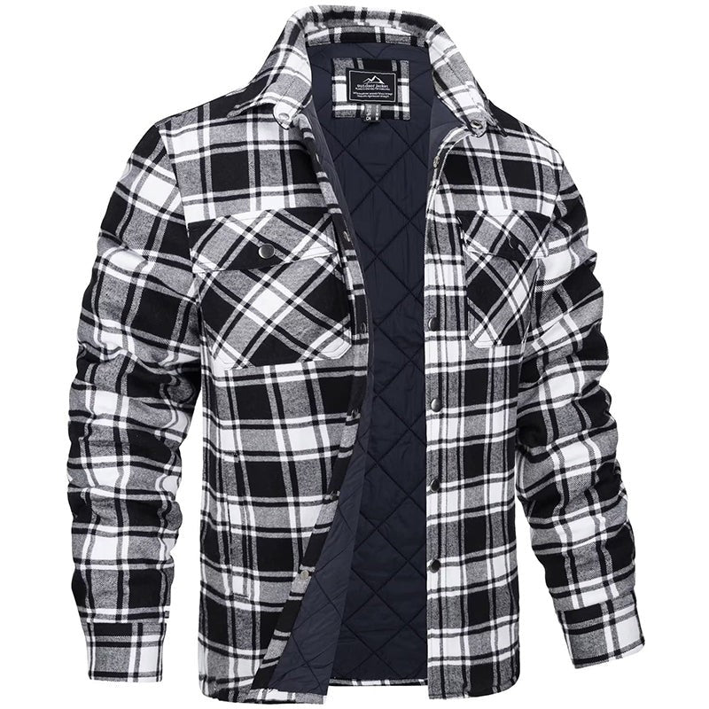 Herren-Overshirt aus Flanell mit Karomuster, Brusttaschen und Druckknöpfen in Schwarz