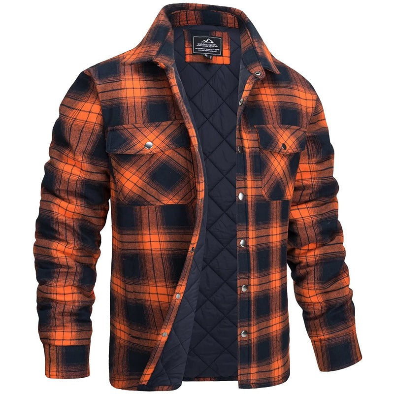 Herren-Overshirt aus Flanell mit Karomuster, Brusttaschen und Druckknöpfen in Orange