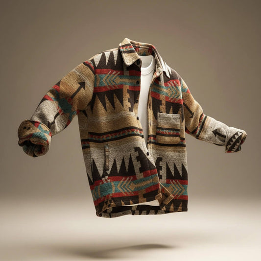 Herren-Overshirt-Jacke aus Wollmischung mit Ethno-Print, Hemdkragen und Brusttasche in Dunkelbraun