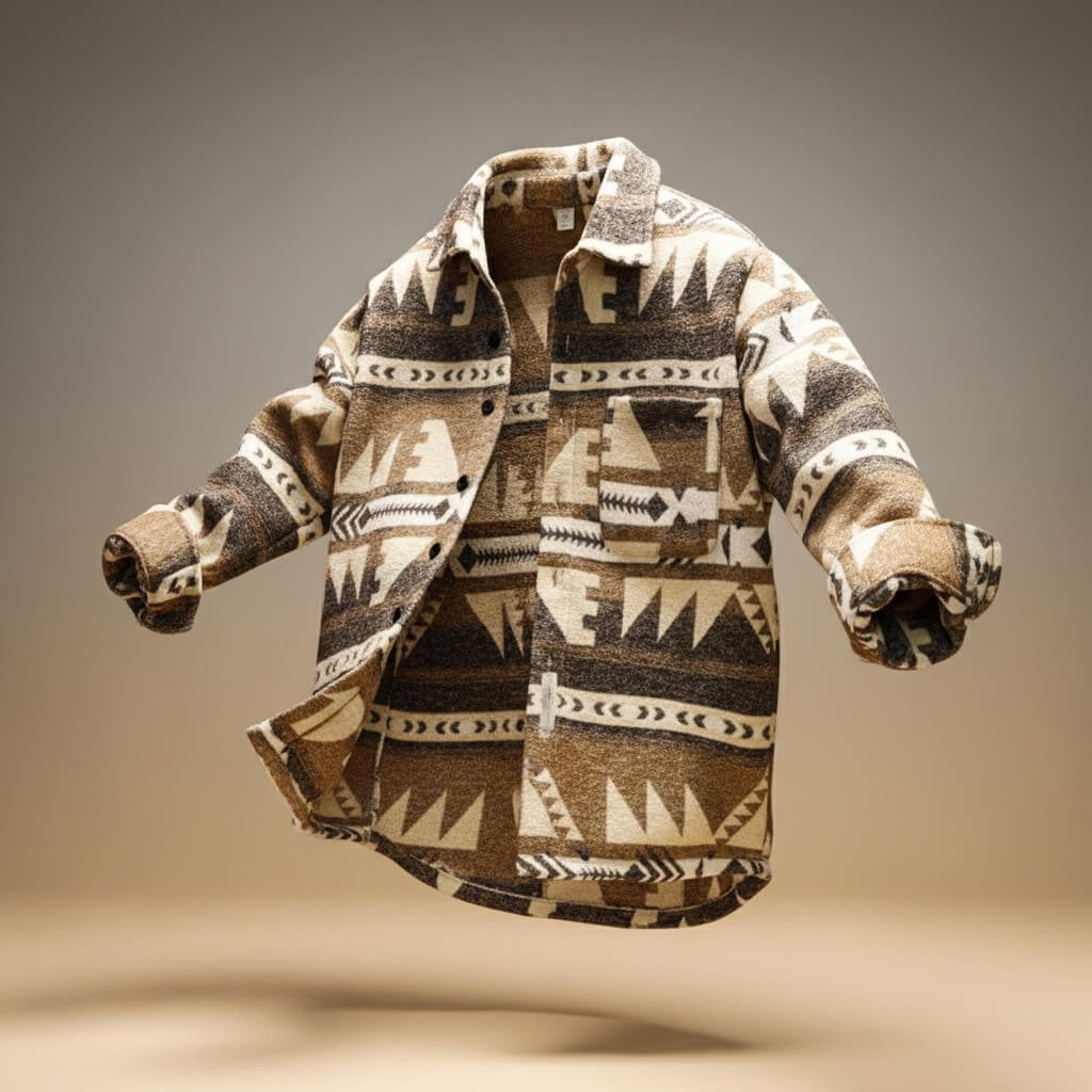 Herren-Overshirt-Jacke aus Wollmischung mit Ethno-Print, Hemdkragen und Brusttasche in Hellbraun