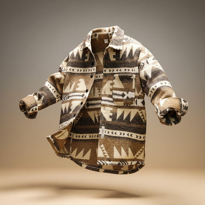 Herren-Overshirt-Jacke aus Wollmischung mit Ethno-Print, Hemdkragen und Brusttasche in Hellbraun