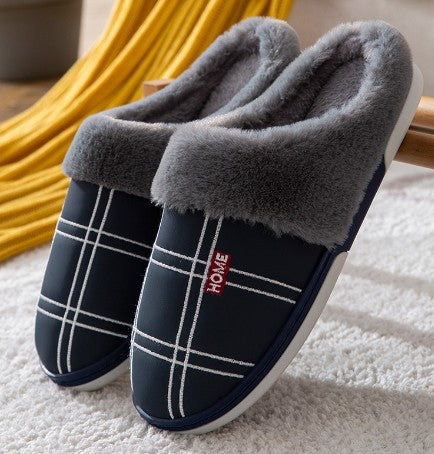 Herren-Pantoffeln mit Plüschfutter, Karomuster und rutschfester Sohle in Blau